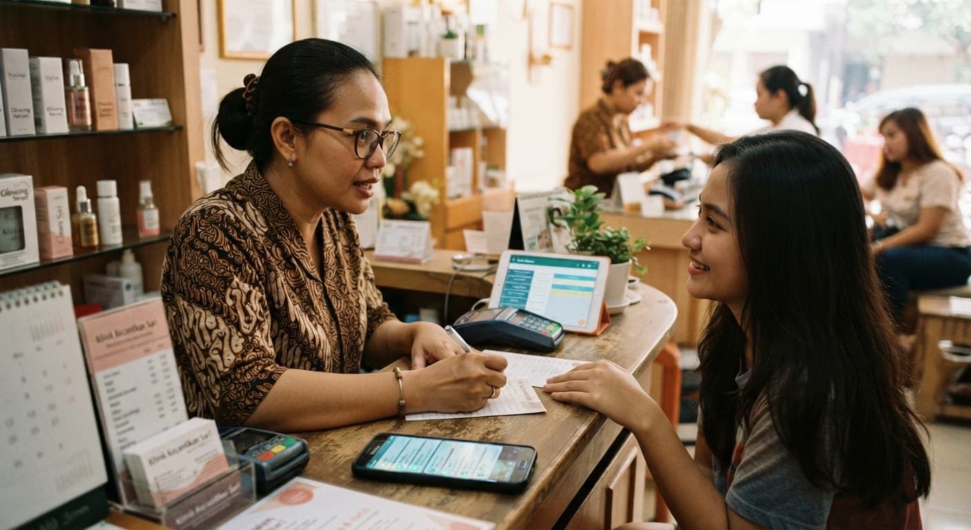 A business owner serving a customer in person while new chats keep coming in